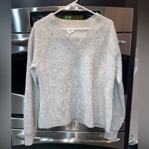A Loves A Light Gray V-Neck Sweater With Tan Stitching Accents for Women